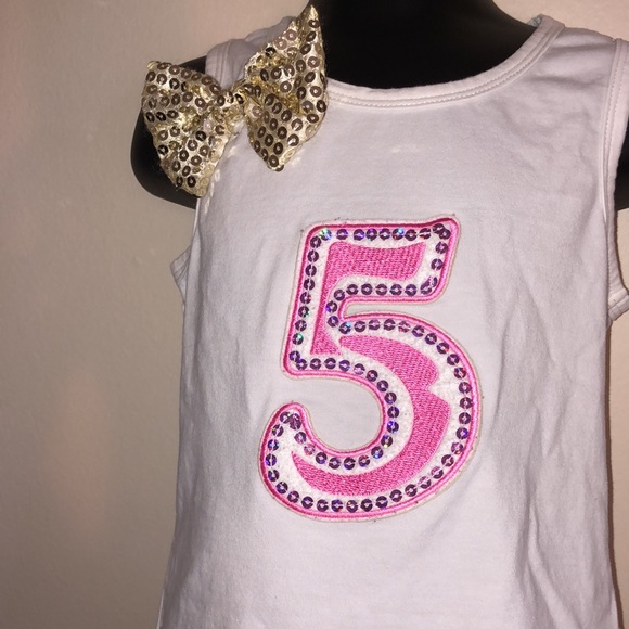 5th Birthday Shirt, Girls White Tank Top w/ Pink And Gold Sequins - Picture 2 of 5